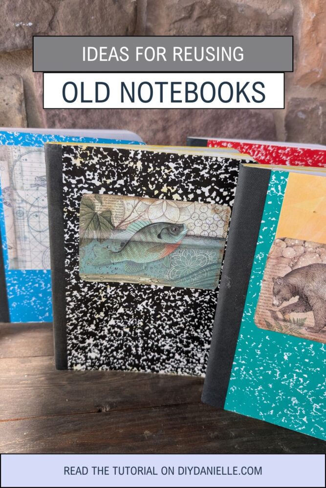 Upcycled notebooks drying after being coated with mod podge and decorative paper.