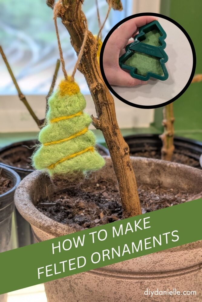 DIY felted Christmas ornaments in progress, showing wool roving, cookie cutters, and needle-felting techniques for handmade holiday decorations.