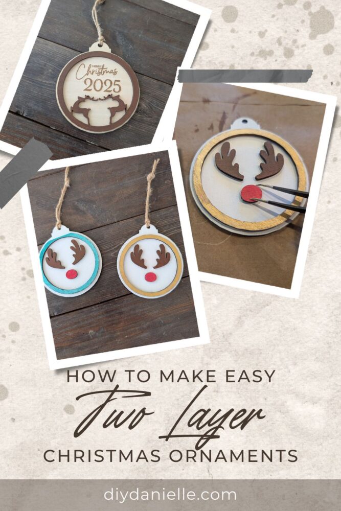 Final display of colorful, finished two-layer wooden Christmas ornaments ready for hanging on a holiday tree.