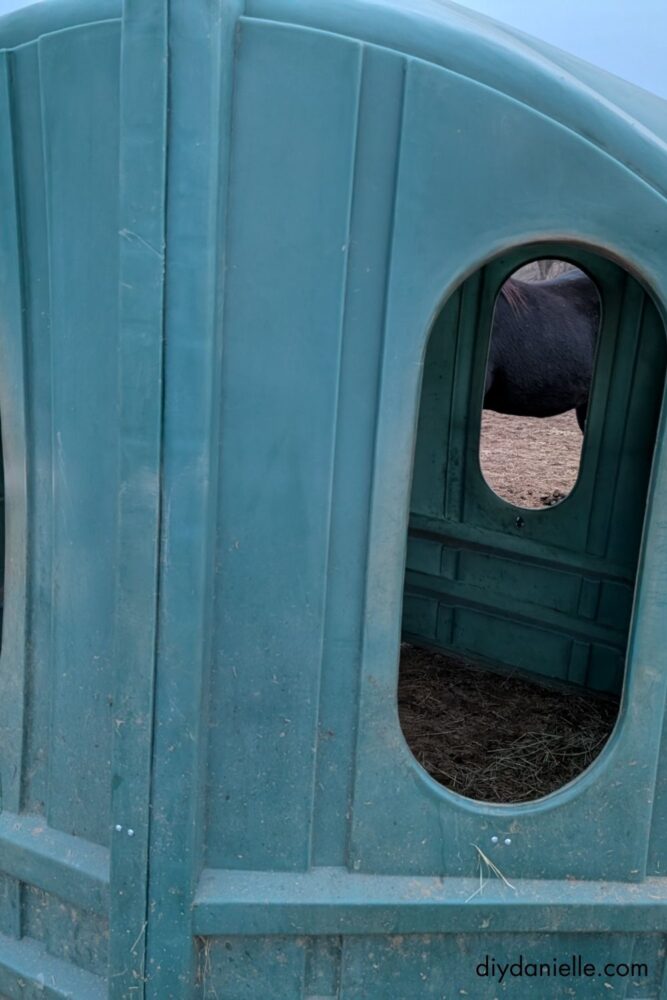 Step-by-step installation of the Hay Burners Equine Hay Hut net inside a hay hut to reduce hay waste and improve horse feeding safety.