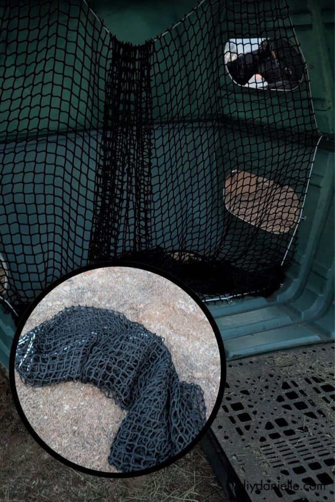 Close-up of Hay Burners Equine Hay Hut net showing colored zip ties marking the four corners and the white cord clipped to the Hay Hut frame.