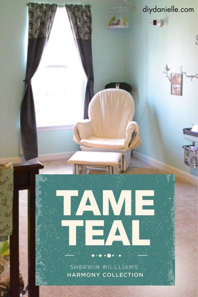 Sherwin Williams Tame Teal SW6757 wall color in a nursery. 