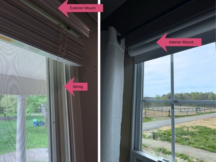 The interior mount installs inside the window. This worked for my newer windows (right). For the older window (left) though, there are little strings inside the window and there's plastic casing on the interior.