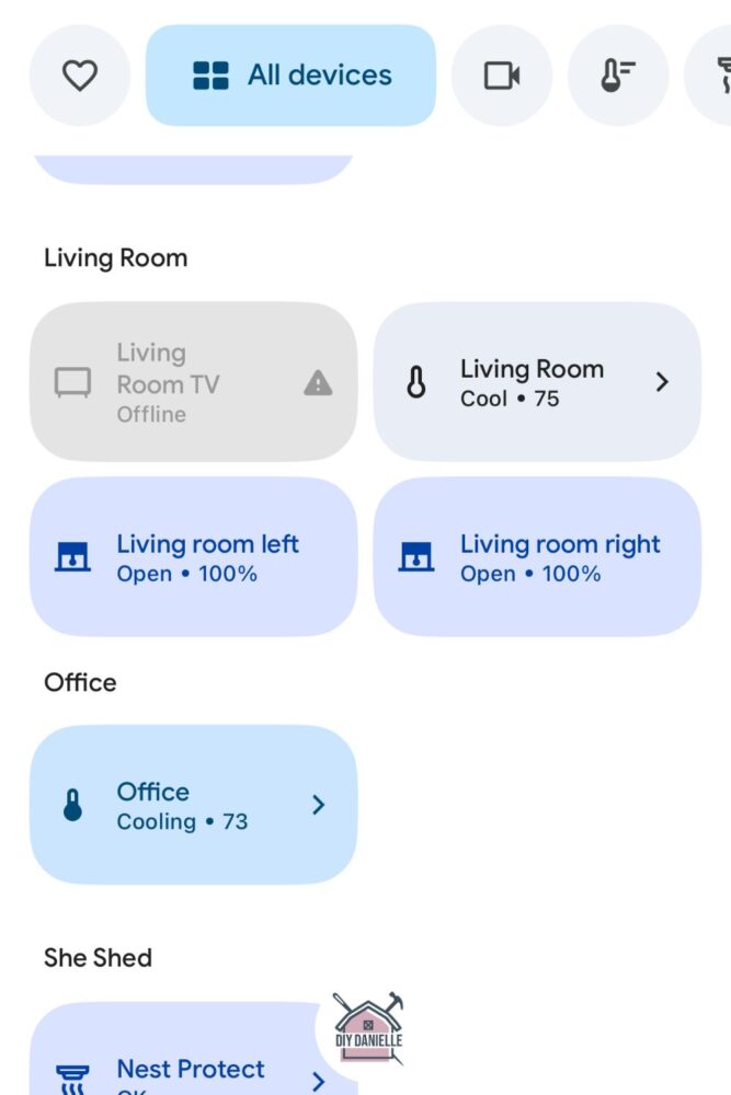 Photo is a screenshot of the Google Home app with the blinds showing up on it as Living Room Left and Living Room right, both open at 100%.