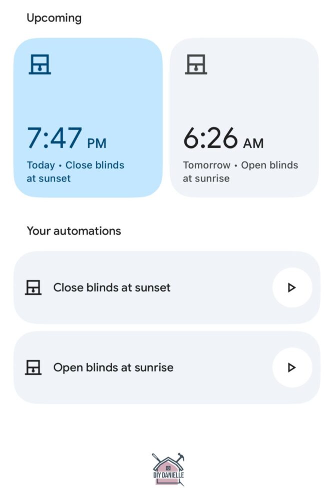 Photo is a screenshot of the Google Home app with the two automations showing up as "close blinds at sunset" and "open blinds at sunrise."