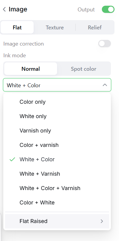 Screenshot of the sidebar from the xTool Studio software. In this portion of the sidebar, you can choose your output image ink in flat and normal mode, including color only, white only, varnish only, color + varnish, white + color, white + varnish, white + color + varnish + color + white.