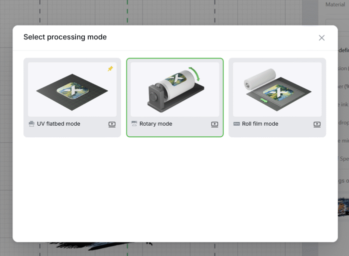 Screenshot of the sidebar from the xTool Studio software. In this portion of the sidebar, you can choose your processing mode, ie. if it's on a flatbed, the rotary bed, or on a roll film.